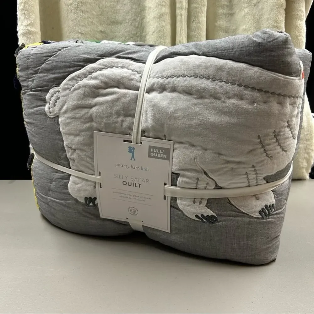 Pottery Barn Kids Silly Safari Quilt Animals Zoo Gray Full Queen Bedding Bed